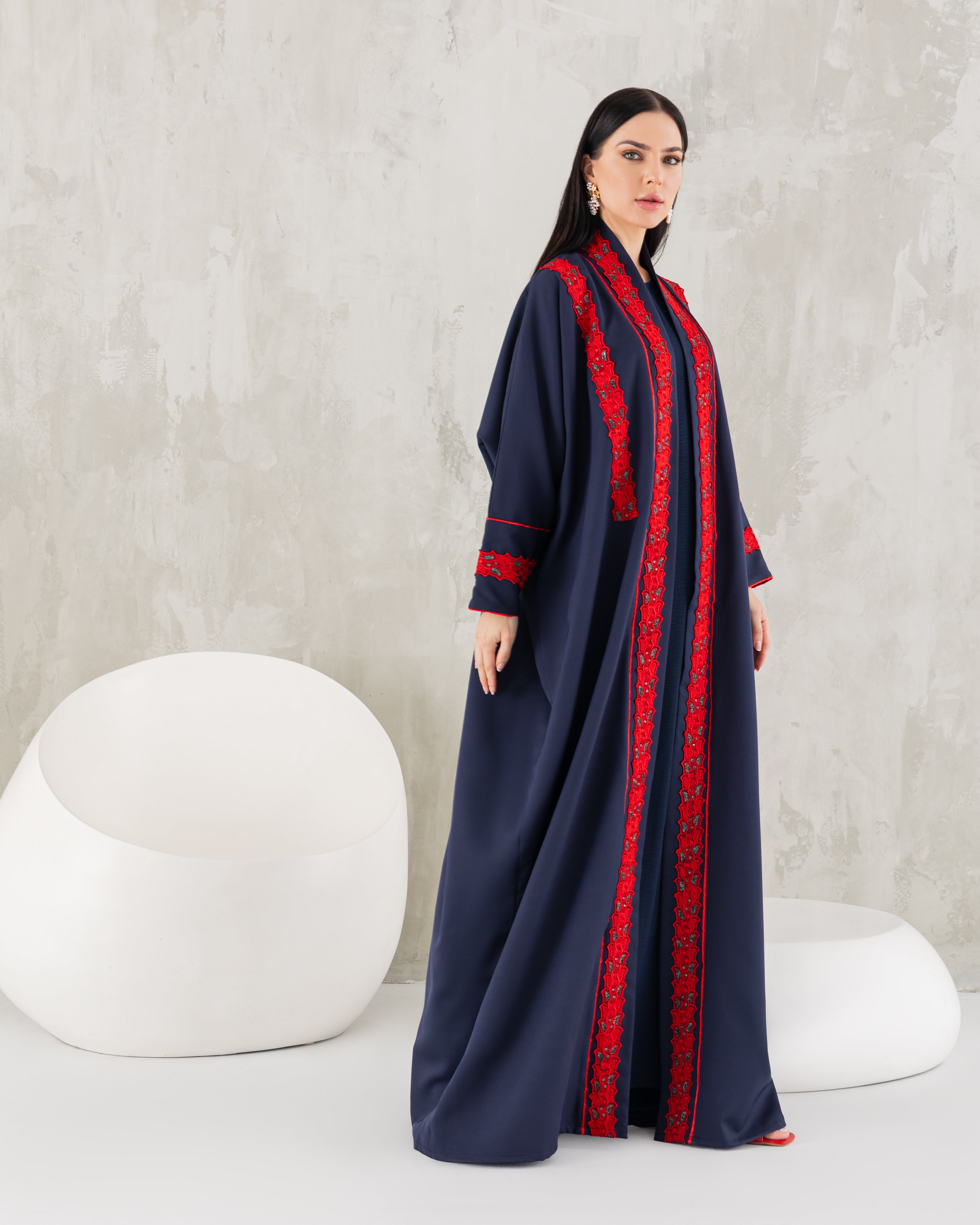 Navy and red abaya.