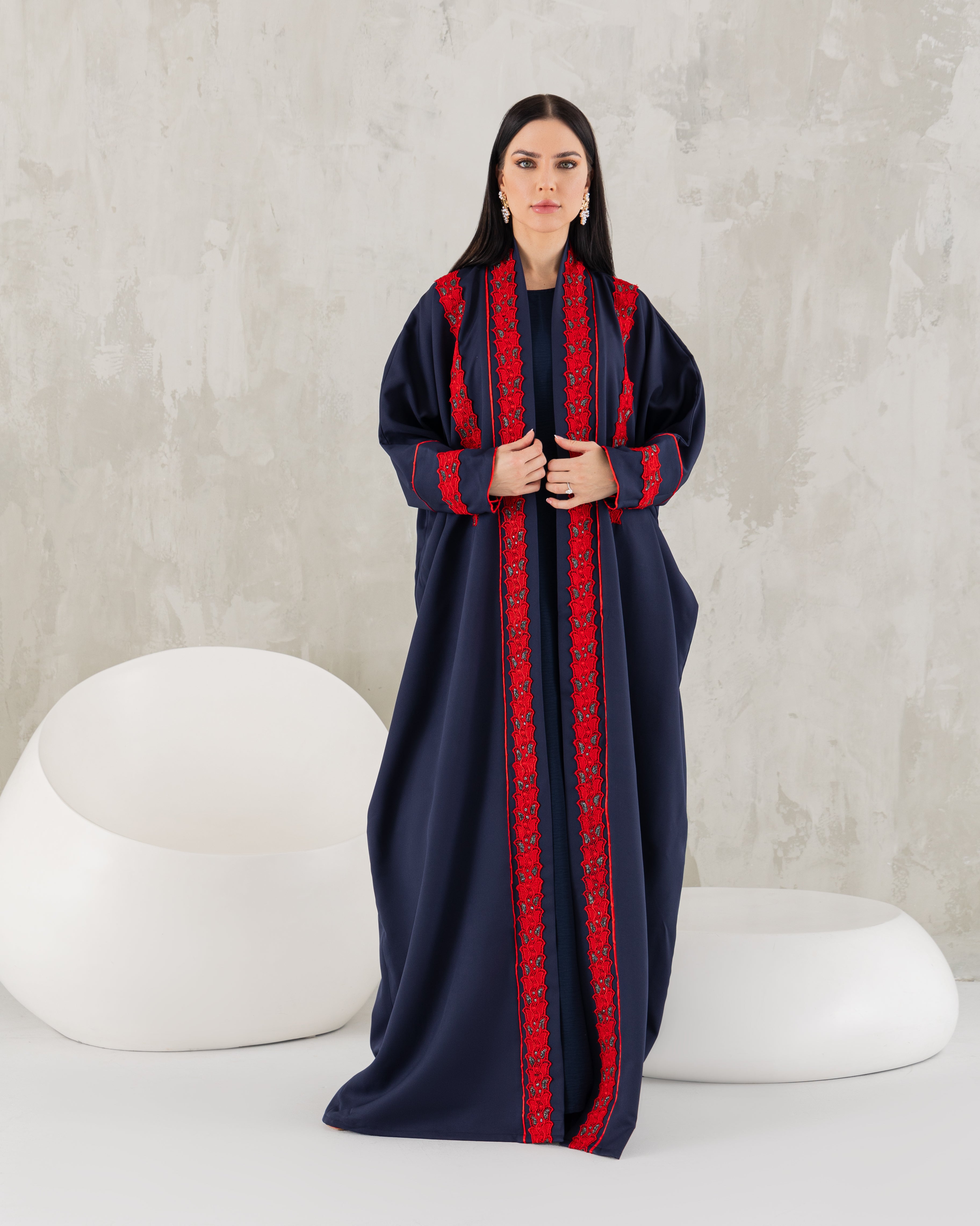 Navy and red abaya.