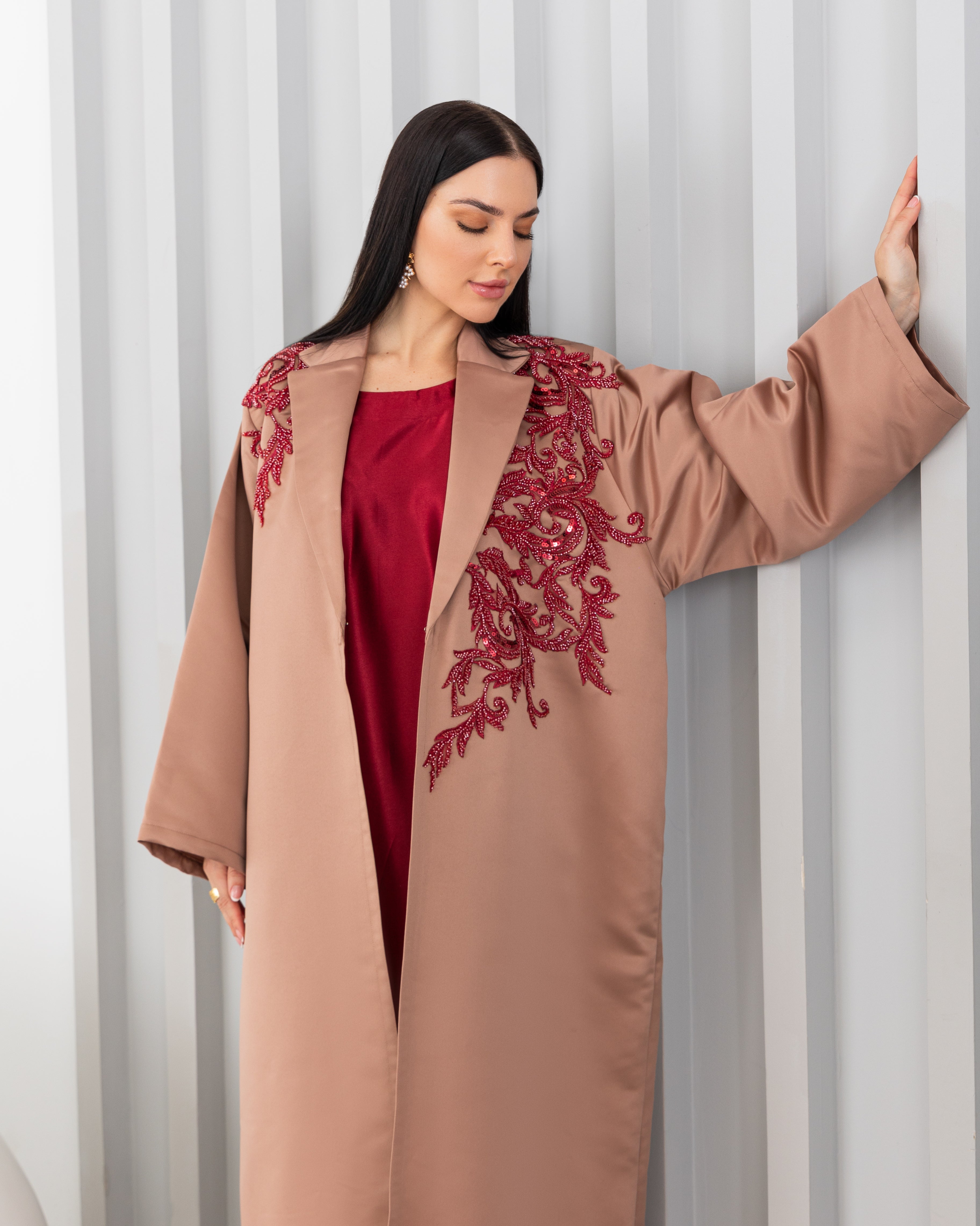 Tuxedo abaya with beaded embroidery.