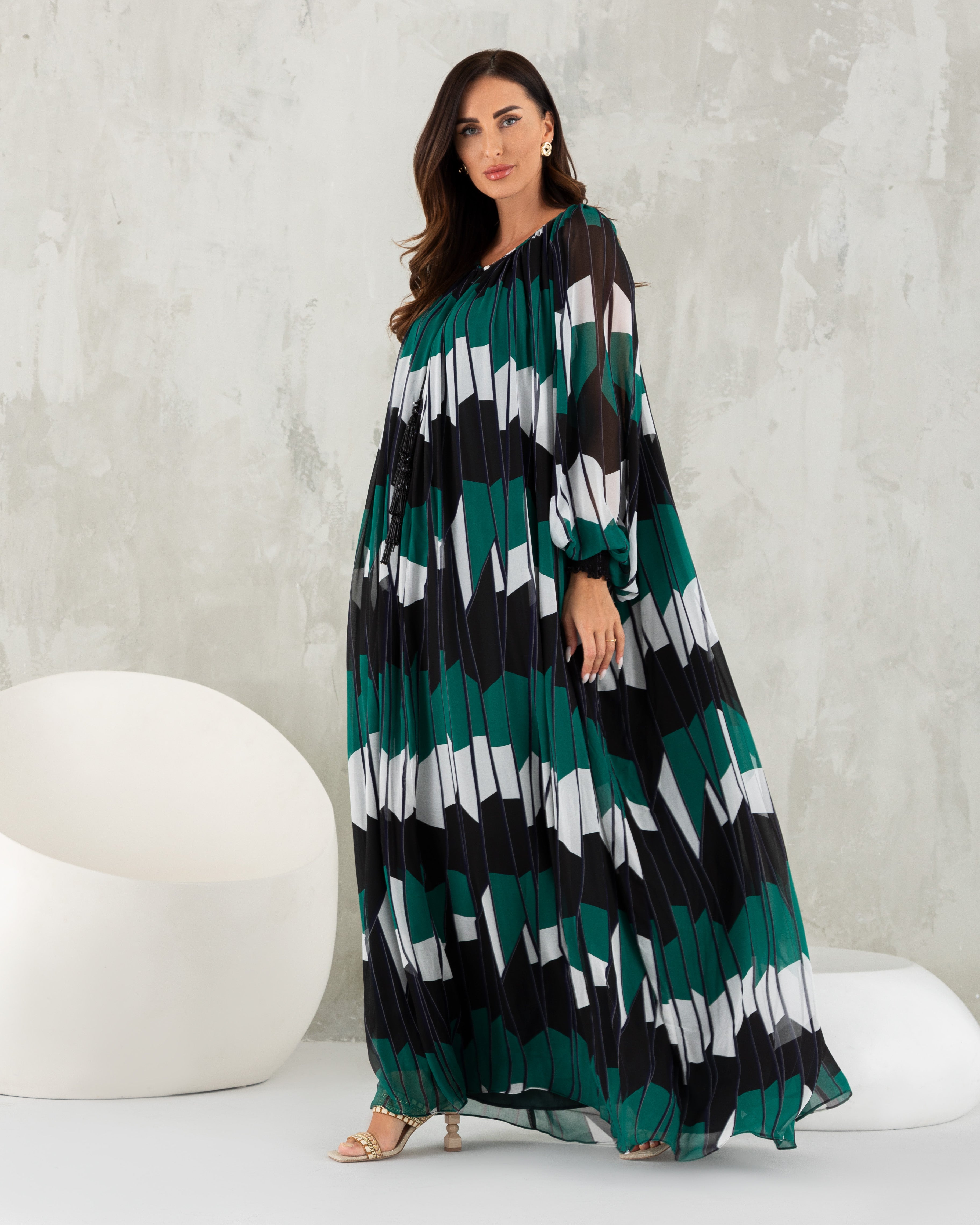 Maxi Dress With Belt, Bishop Sleeves and Beaded Tassel Detail