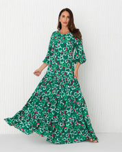 Print Tiered With Fitted Bodice and Bishop Sleeves