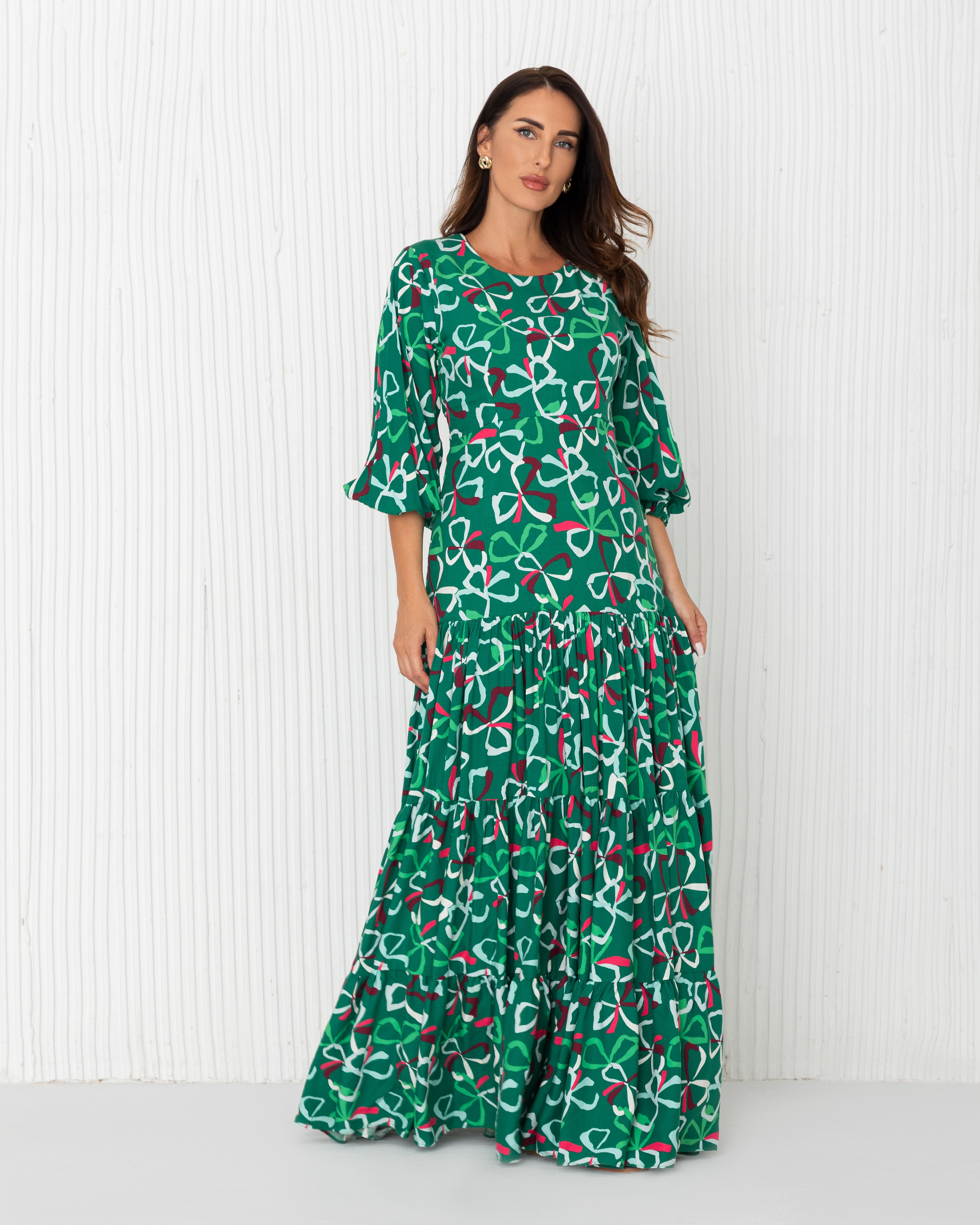 Print Tiered With Fitted Bodice and Bishop Sleeves