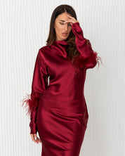 Long Sleeves Slip Dress With Feathers