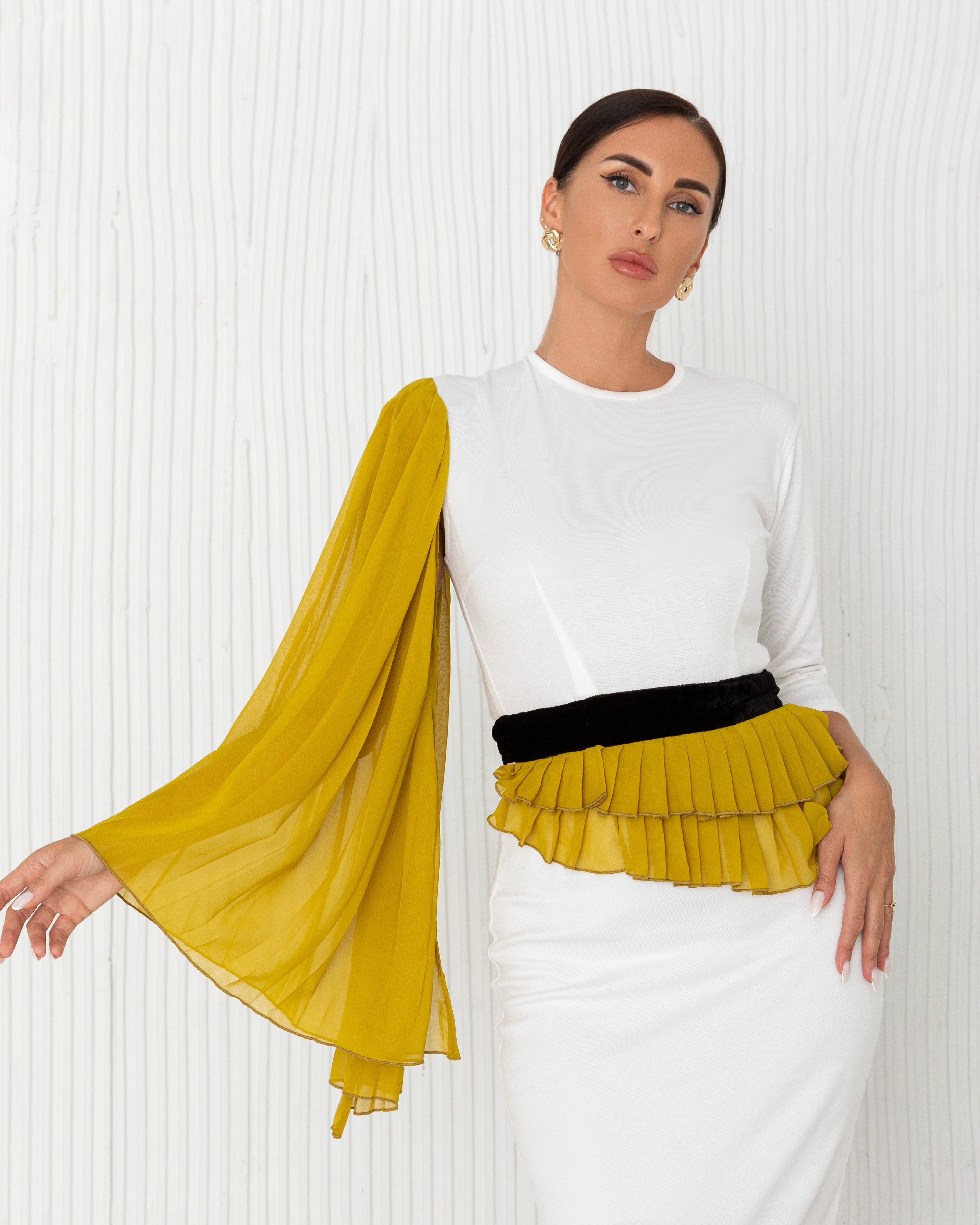 Bodycon Work Dress With Peplum and One Cape Sleeve